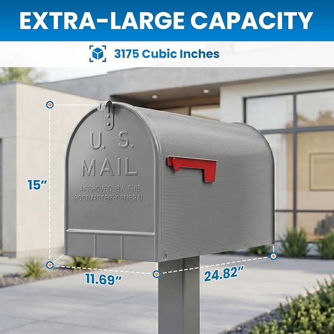 Plexon Gray Jumbo Size Rural Mailbox, 3175 cu-in Capacity, Galvanized Steel, Powder-Coated, 15 in. H x 11.69 in. W x 24.82 in. L