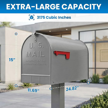 Plexon Gray Jumbo Size Rural Mailbox, 3175 cu-in Capacity, Galvanized Steel, Powder-Coated, 15 in. H x 11.69 in. W x 24.82 in. L