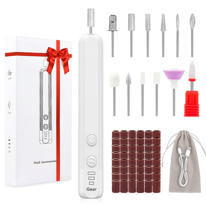 Professional Nail Drill Set, 2,0000 RPM Electric Nail File with 12 Grinding Head & 100Pcs Sanding Bands for Acrylic Gel Nails, Manicure and Polishing (Beige)
