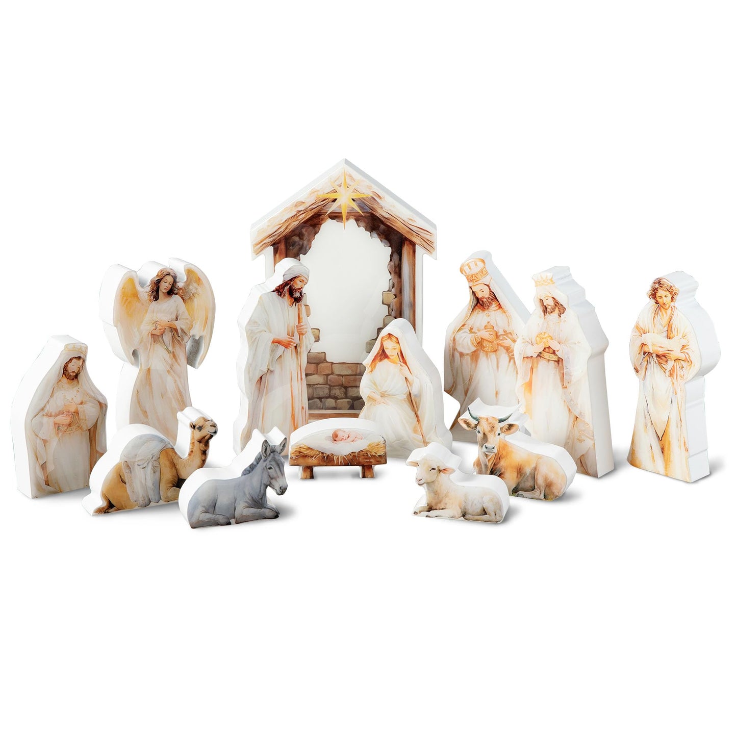 Glitzhome Nativity Scene Set Indoor 8.5",13 Pieces Wooden & Epoxy Resin Nativity Sets & Figures Tabletop Scenes, Nativity Figurines Set for Christmas Indoor Decor with Arch Christian Holy Family