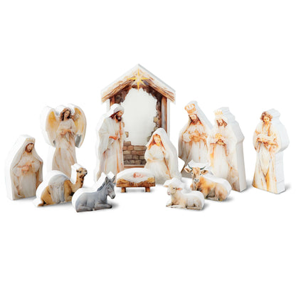 Glitzhome Nativity Scene Set Indoor 8.5",13 Pieces Wooden & Epoxy Resin Nativity Sets & Figures Tabletop Scenes, Nativity Figurines Set for Christmas Indoor Decor with Arch Christian Holy Family