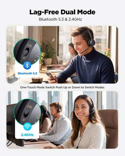 Wireless Headset with Mic for Work, AI ENC Noise Cancelling for Clear Call ＆ Meeting, Work Headset with Charge Stand for Remote & Office, Bluetooth 5.3 & 2.4G Dongle Headset for PC, Phone, Teams, Zoom