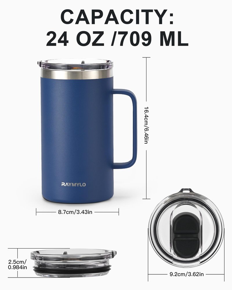 RAYMYLO Insulated Coffee Mug 24 oz, Spill-Proof & Detachable Slider Lid for Thorough Clean, Double Wall Stainless Steel Coffee Mug with Lids & Handle, Cold for 9 Hrs, Suitable for Camp Home Office