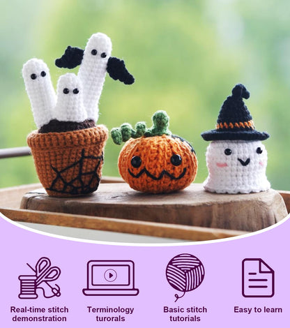 Spearlcable Crochet Starter Kit, Crochet Kit for Beginners with Step-by-Step Video Tutorials, DIY Knitting Kit Halloween Pumpkin Decor for Adults with Gift Box (Halloween Decor Set)