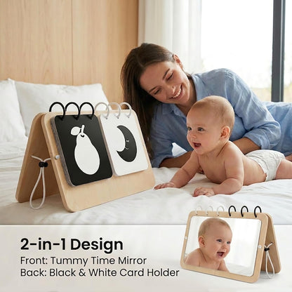 Woodtoe 2-in-1 Tummy Time Mirror, 0-180°Adjustable Angle Montessori Baby Toy, Double-Sided Design with High Contrast Black & White Cards, Shatterproof Baby Mirror for 0-18 Months Newborns Infants