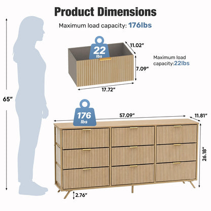 DUMOS Fabric Fluted Dresser,Chest of 9 Fabric Drawers for Bedroom, Large Dressers with Metal Frame & Wooden Top, Storage Organizer Closet for Living Room, Entryway, Oak