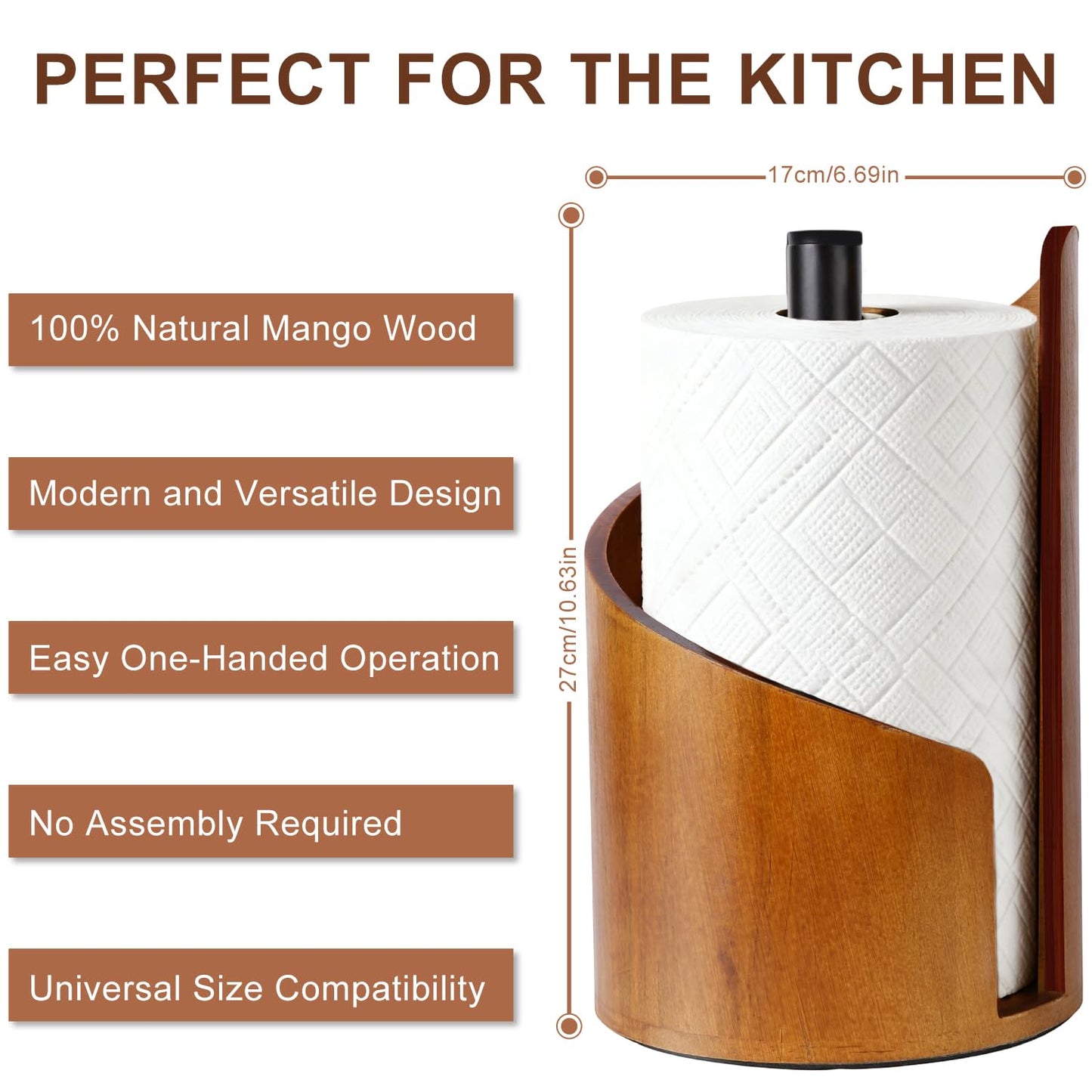 Paper Towel Holder - 100% Natural Wood, Wooden Wood Stand with Iron Base, Wooden Paper Towel Holder for Kitchen, Desktop, Cabinet (Brown)