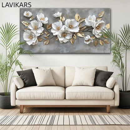 LAVIKARS Modern Gray Flowers Wall Art for Living Room Office White and Golden Floral Landscape Canvas Painting Prints Large Delicate Petals Artwork Kitchen Home Bedroom Decor (16x30 Inches)