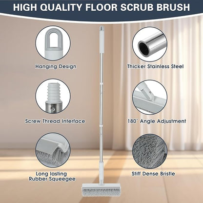 Floor Scrub Brush with Long Handle, 2 in 1 V-Shape Grout Brush with Squeegee +
