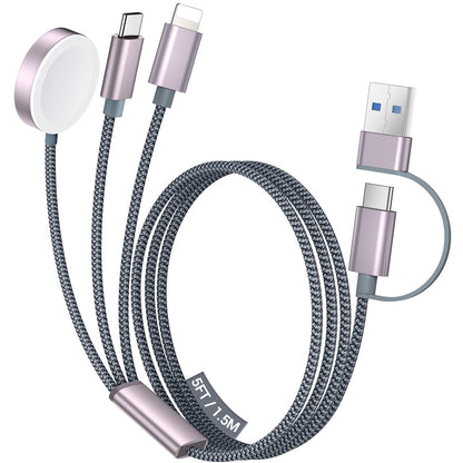 Temdan for Travel Vacation Essentials,3 in 2 USB C Cable for Apple Watch Charger/iPhone 17 Charger/Lightning,Multi Charging Cable Cord,Camping Essentials,Designed for iWatch &iPhone 16-12-5FT Purple