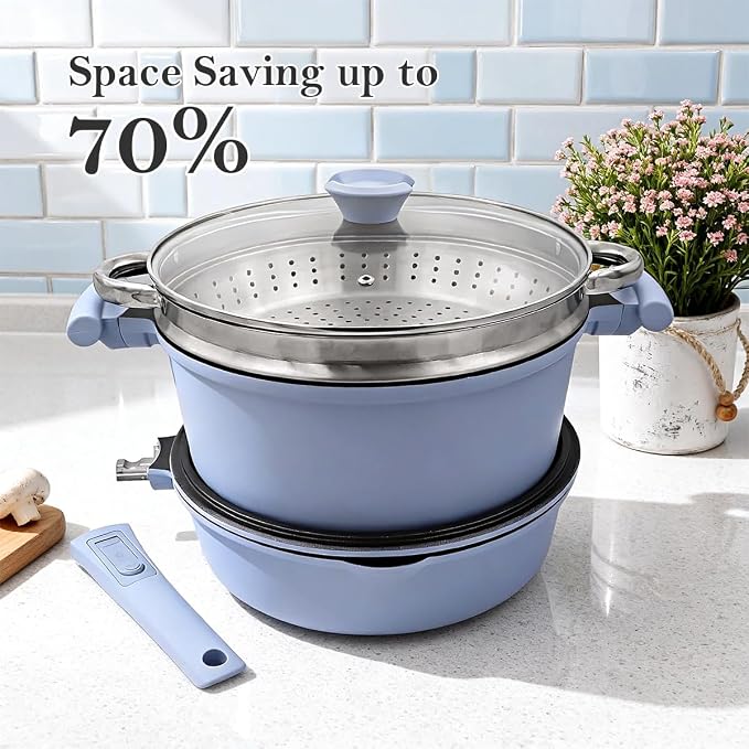 Pots and Pans Set Non Stick, Nonstick Cookware Set, Steamer Pot and Pan for Cooking, Kitchen Cookware Sets Non Toxic, Induction Compatible, Detachable Handle, Oven Safe, PFOS & PFOA Free,Blue