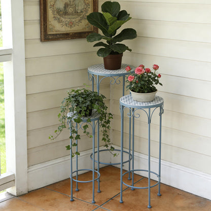 Metal Plant Stand Set of 3 Round Ceramic Top 28" Tall Mosaic Flower Stand Tile Nesting Display Side Table Indoor Outdoor Plant Rack Flower Holder for Wedding Party Patio Living Room Frame Stackable Garden Accessory Decorative Blue