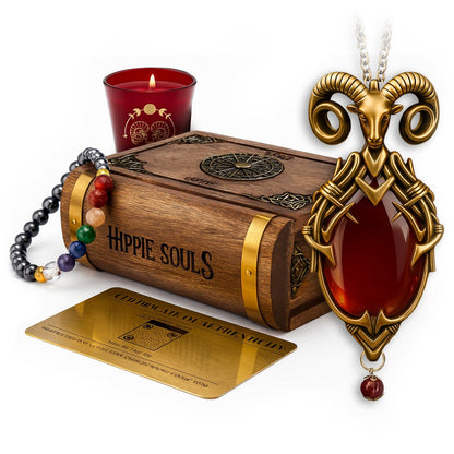 Aries Zodiac Talisman Necklace – 24K Gold Plated, Handcrafted with Red Carnelian Gemstone. Limited-Edition Astrology Pendant in Wooden Heirloom Box. Sacred Jewelry for Women.