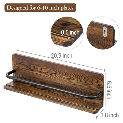 MyGift Plate Wall Hangers for Display, Set of 3 Wall Mounted Plate Rack for 6 to 10 Inch Plates, Decorative Wood Stand Shelf and Black Metal Rack Decor Hangers