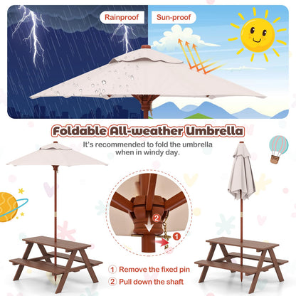 HONEY JOY Kids Picnic Table, Toddler Outdoor Table & Bench Set, Wooden Children Patio Furniture with Folding Umbrella, Kids Picnic Tables for Outdoors, Gift for Boys Girls