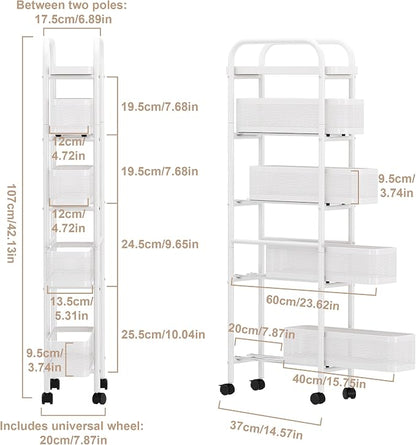 UMDONX Slim Storage Cart 5 Tier with Pull Out Basket Bathroom Organizer Rolling cart, Rolling Utility Cart Slide Out Organizer for Kitchen, Bathroom, Laundry White