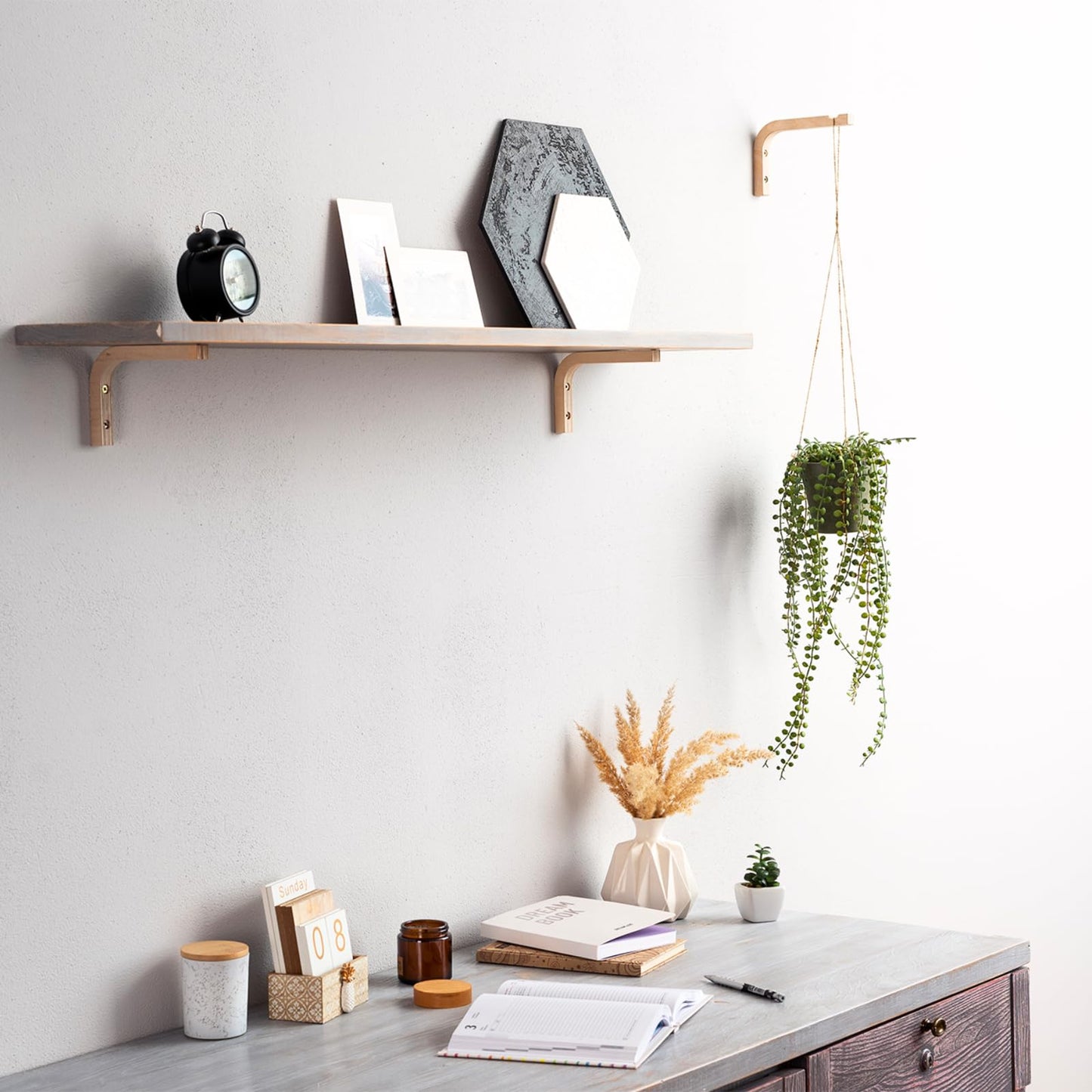 EvenWood 2-Piece Set of Wooden Shelf Brackets - L Shelf Holders - Floating Shelf Brackets 6 inch - Wood Shelf Supports - Solid Wood Wall Mount Corner Brace – Smooth Surface - Includes Mounting Screws