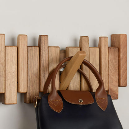 TEXAS BEST GIFT Solid Walnut Piano Key Coat Rack – 10-Hook Wall-Mounted Flip Hook Rack – Minimalist Wooden Hanger for Entryway, Bedroom, Office