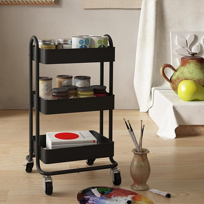 Metal Rolling Cart,3-Tier Metal Rolling Cart with Wheels,3 Tier Utility Cart with Wheels for Office,Home,Kitchen,Garden（13.4"x18.1"x31"） Black