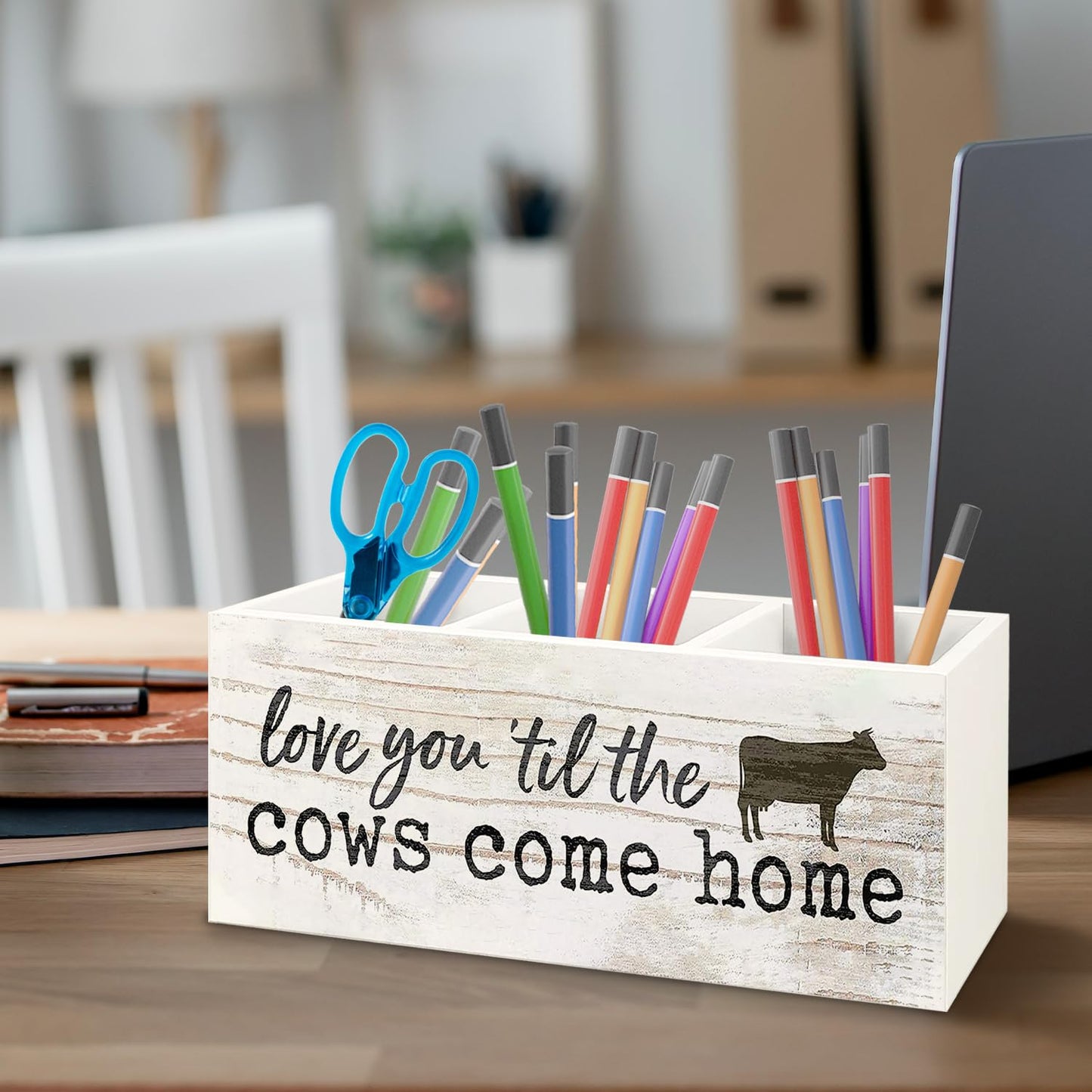 URLLUAE Funny Cow Wooden Pen Pencil Holder for Office Desk Accessories, Cow Lover Gifts, Love You 'Til the Cows Come Home Makeup Brush Toothbrush Holder Organizer for Bathroom