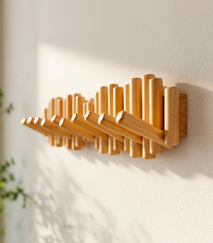 Flynt Ave. Modern Wooden Wall Mounted Coat Rack, 5-Hooks, Decorative Wall Hooks for Purse, Bags & Hats, Heavy Duty, Sturdy, Natural Pine Wood, Pull Down Hooks, Easy to Install