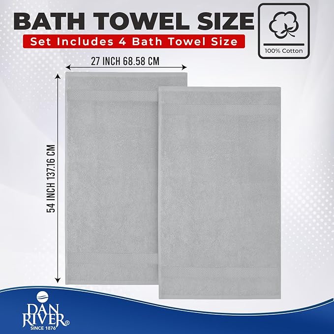DAN RIVER Bath Towels Set of 4, 27 x 54 Inches, 100% Cotton, Larger & Lighter