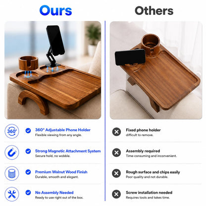 Nesture Living Couch Armrest Table with Cup Holder (15.31" x 9.65") - Acacia Sofa Arm Tray Organizer with Magnetic & 360° Rotating Phone Holder - Fits Couch Arm for Drinks, Snacks & Remote Control