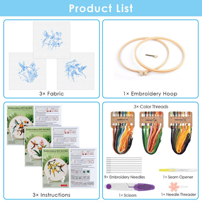 ERKOON 3 Sets Embroidery Kit, Hummingbird Cross Stitch Set for Include Embroidery Cloth Hoops Threads for Craft Lover Hand Stitch (Hummingbird)