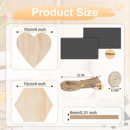 Jurtmy 48 Pcs Unfinished Wood Coasters, DIY Blank Coasters for Crafts,with Non Slip Pad, for Wood Engraving,Painting,Christmas Wedding Home Café Decor (48 Pcs-Hex&Heart)