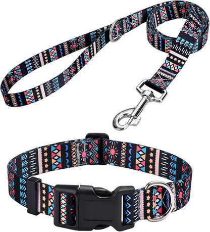 MarukoPet Dog Collar and Leash Set, Adjustable for Small Medium Large Dogs Puppy, Cute Design with Bohemia Floral Tribal Geometric Patterns Boys Girls Dog Collar(Black Bohemia Set,XS)