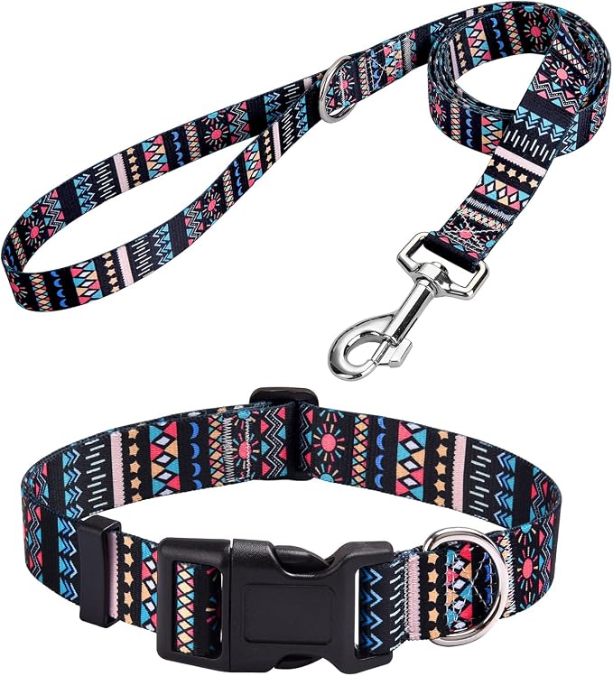MarukoPet Dog Collar and Leash Set, Adjustable for Small Medium Large Dogs Puppy, Cute Design with Bohemia Floral Tribal Geometric Patterns Boys Girls Dog Collar(Black Bohemia Set,L)