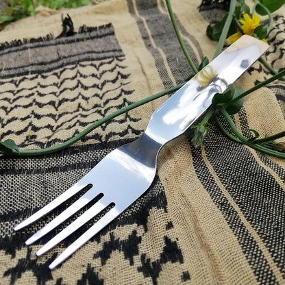 M‑Tac 4‑in‑1 Camping Utensil – Spoon, Fork, Knife & Bottle/Can Opener Combo – Compact Stainless Steel for Hiking & Survival