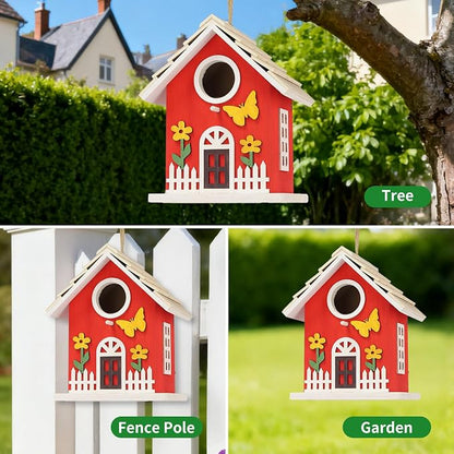 Wooden Bird Houses Bird House for Outside,Red Wood Bird House for Outdoors, Nesting Box with Sturdy Rope, Haing Bird Houses for Garden Blue Bird Hummingbird Wren Cardinal Swallow Sparrow Finch