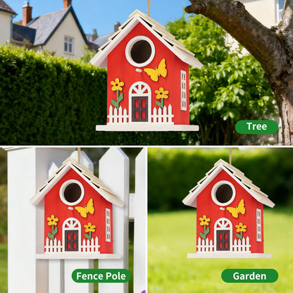 Wooden Bird Houses Bird House for Outside,Red Wood Bird House for Outdoors, Nesting Box with Sturdy Rope, Haing Bird Houses for Garden Blue Bird Hummingbird Wren Cardinal Swallow Sparrow Finch