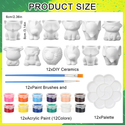 Hushee 12 Sets DIY Ceramic Succulent Pots Ready to Paint Animal Planters Unpainted Plant Flower Pots Bulk with Drainage Hole and Bisque Paint ， Adults Craft Christmas