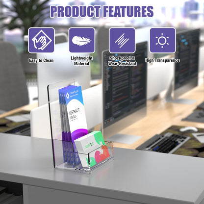 NiOffice Clear Acrylic Brochure Holder, 4.1" Brochure Display Stand with Business Card Holder, Plastic Flyer Holder Pamphlet Stand Wall Mount or Countertop for Booklets, Magazine, Trifold, Menu, 2PK