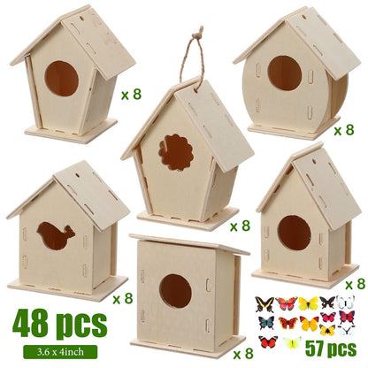 Sawysine 107 Pcs DIY Birdhouse Kits for Kids Ages 5-8 8-12, 48 Wooden Bird House Kits in 6 Shapes and 57 Butterfly Sticker for Children Summer Craft Art Activity, DIY Project(107,Multiple Entrance)