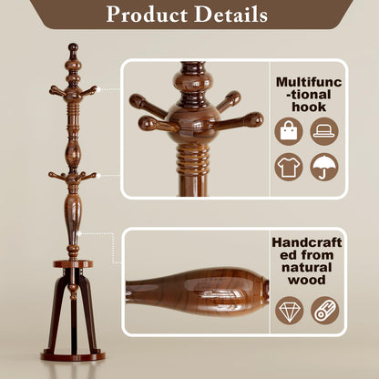 Coat Rack Freestanding with 8 Hooks & Storage Shelf, Wooden Hall Tree Coat Hanger Stand, Heavy Duty Entryway Organizer with 220 LB Load Capacity, Sturdy Wood Coat Tree for Entryway Hallway Office Home