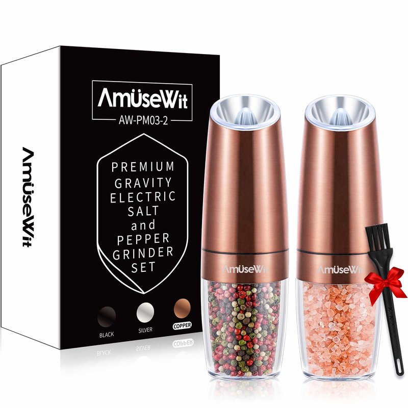 AmuseWit Gravity Electric Pepper Mill or Salt Grinder Mill [White Light] USB Rechargeable Automatic Pepper Grinder, Adjustable Coarseness, One-Handed Operation, Stainless Steel