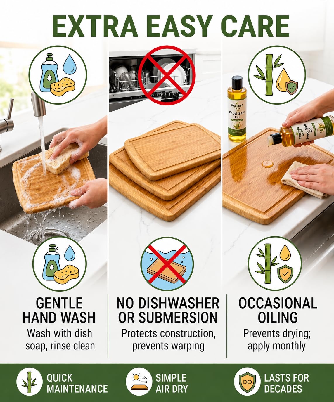 Greener Chef Luxury XL Bamboo Cutting Board Set of 3 with Vertical Grain Strength Technology - Extra Large Wood Cutting Boards for Kitchen and Lightweight Chopping Board Set - Replacements for Life