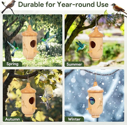 Hummingbird House, Small Hummingbird Houses for Outside, Wooden Bird House with Bow, String, Cute Gardening Gifts Home Decoration