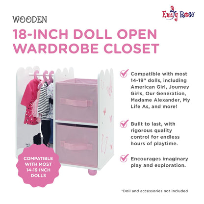 Emily Rose 18" Doll Open Wardrobe Closet - Butterfly Collection Storage Closet with 5 Hangers & 2 Large Fabric Bins | American Girl Compatible | USA Brand