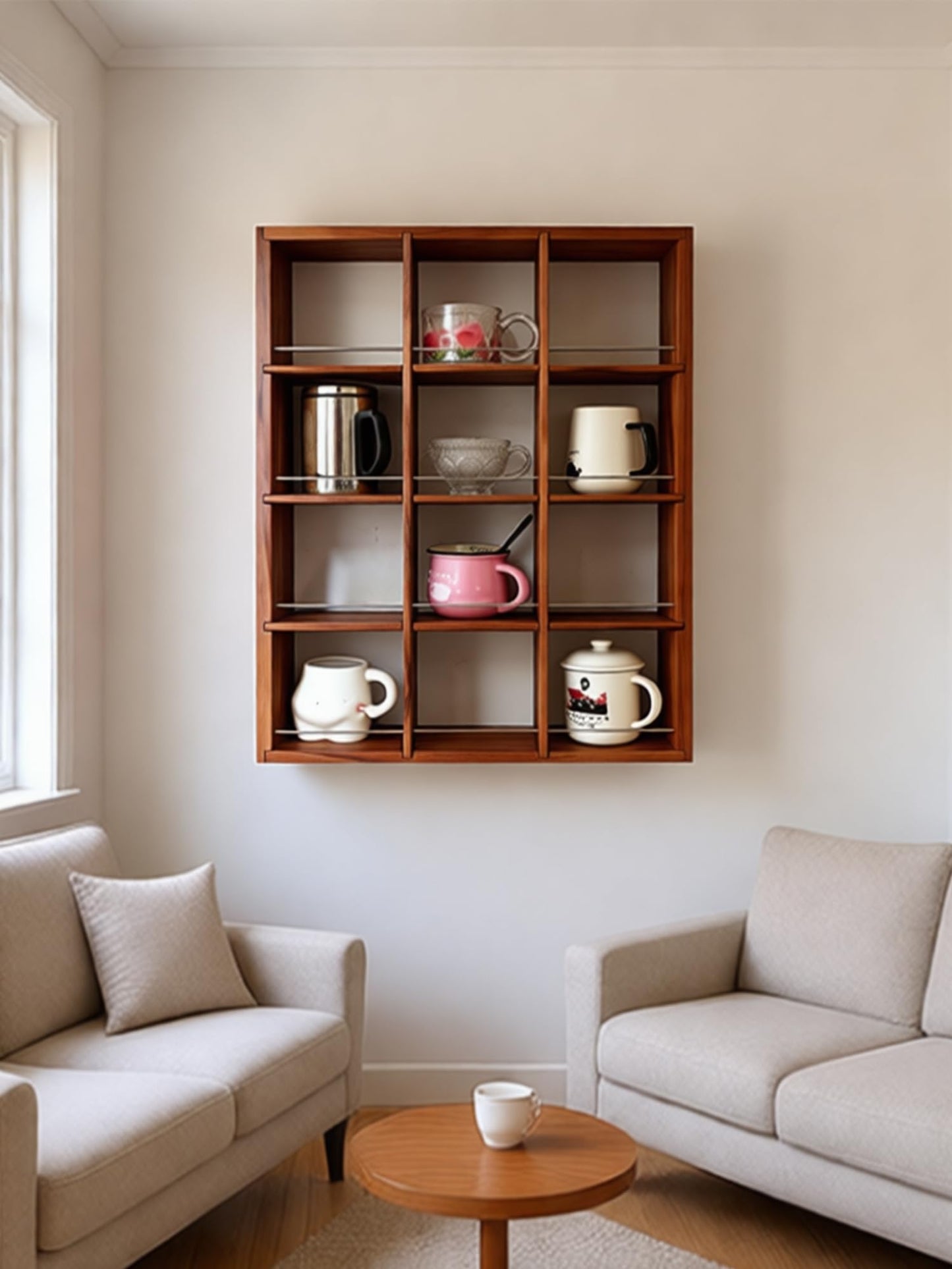 YIYUESHIJIU Wall Mounted Coffee Cup Holder, Cup Holder, 4-Tier Cup Display Shelf, Kitchen Coffee Bar Storage Organizer for Mugs, Cups and Collectibles with 12 Compartment (Walnut)