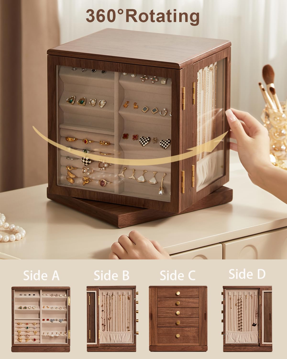 Homruilink Black Walnut Wooden Jewelry Box - 360° Rotating Jewelry Organizer for Women with 5 Drawers for Rings,Necklaces,Earrings and Bracelets -Large Storage Case - Fathers Day Gift