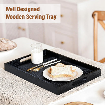 Wooden Serving Tray with Handles, 16.9 Inch Coffee Table Tray for Daily Use, Farmhouse Wood Tray for Breakfast, Lunch, Dinner, Home Kitchen Dining Tabletop Decor, Ottoman Decorative Tray, Black