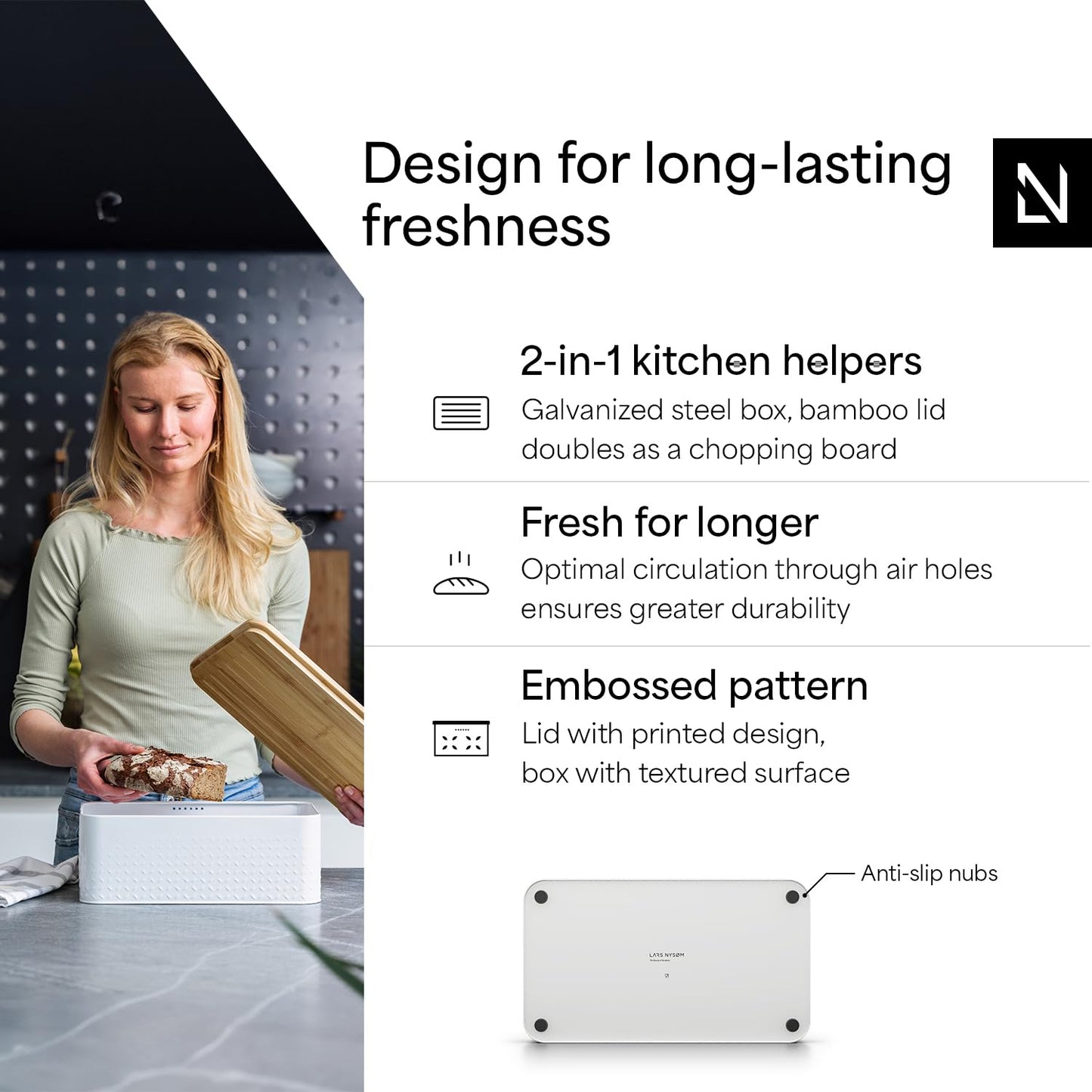 LARS NYSØM Bread Box I Metal Box for long lasting freshness I Bread Bin with bamboo lid usable as cutting board I 13.4x7.7x5.3In (Arctic White)