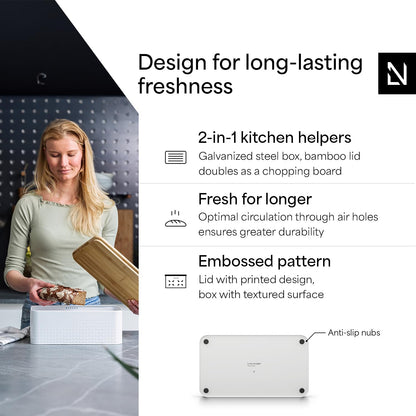 LARS NYSØM Bread Box I Metal Box for long lasting freshness I Bread Bin with bamboo lid usable as cutting board I 13.4x7.7x5.3In (Arctic White)