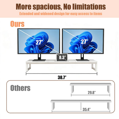 huacz Dual Monitor Stand Riser, 38.7'' Long Wood and Steel Monitor Stand for 2 Monitors, Ergonomic Desktop Organizer with Tablet Stand for Computer,Laptop,TV (White)
