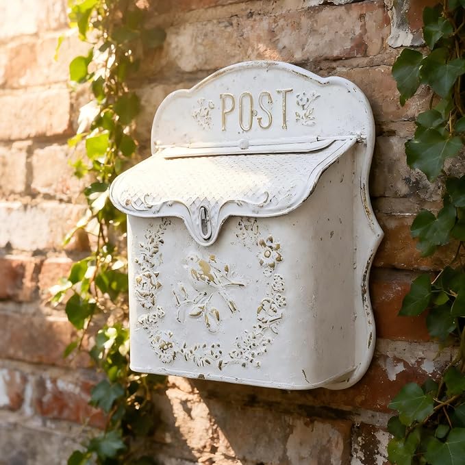 Wall Mount Mailboxes for Outside Vintage Mail Boxes for House Outside Metal Door Mailbox Drop Box Antique Style Nostalgic Charm Home Decorative, White Gray