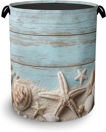 Starfish Seashell Laundry Basket, Vintage Wooden Oxford Cloth Laundry Hamper